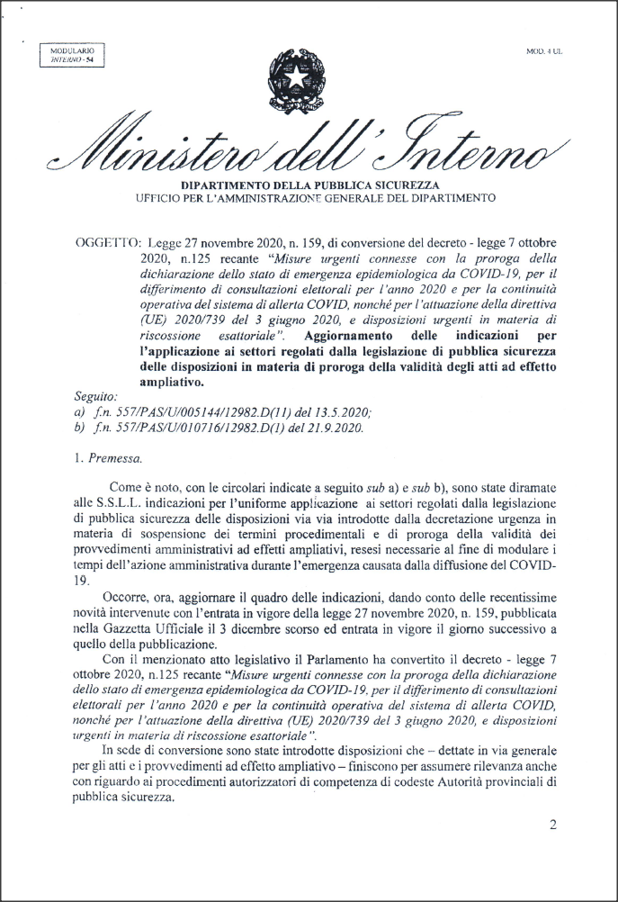 Lettera al Ministro Lamorgese e al Prefetto Giannini